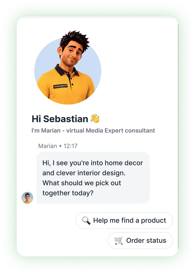 Media Expert app: chat with Marian, the virtual consultant, opening with a personalized greeting and quick actions for finding a product or checking an order