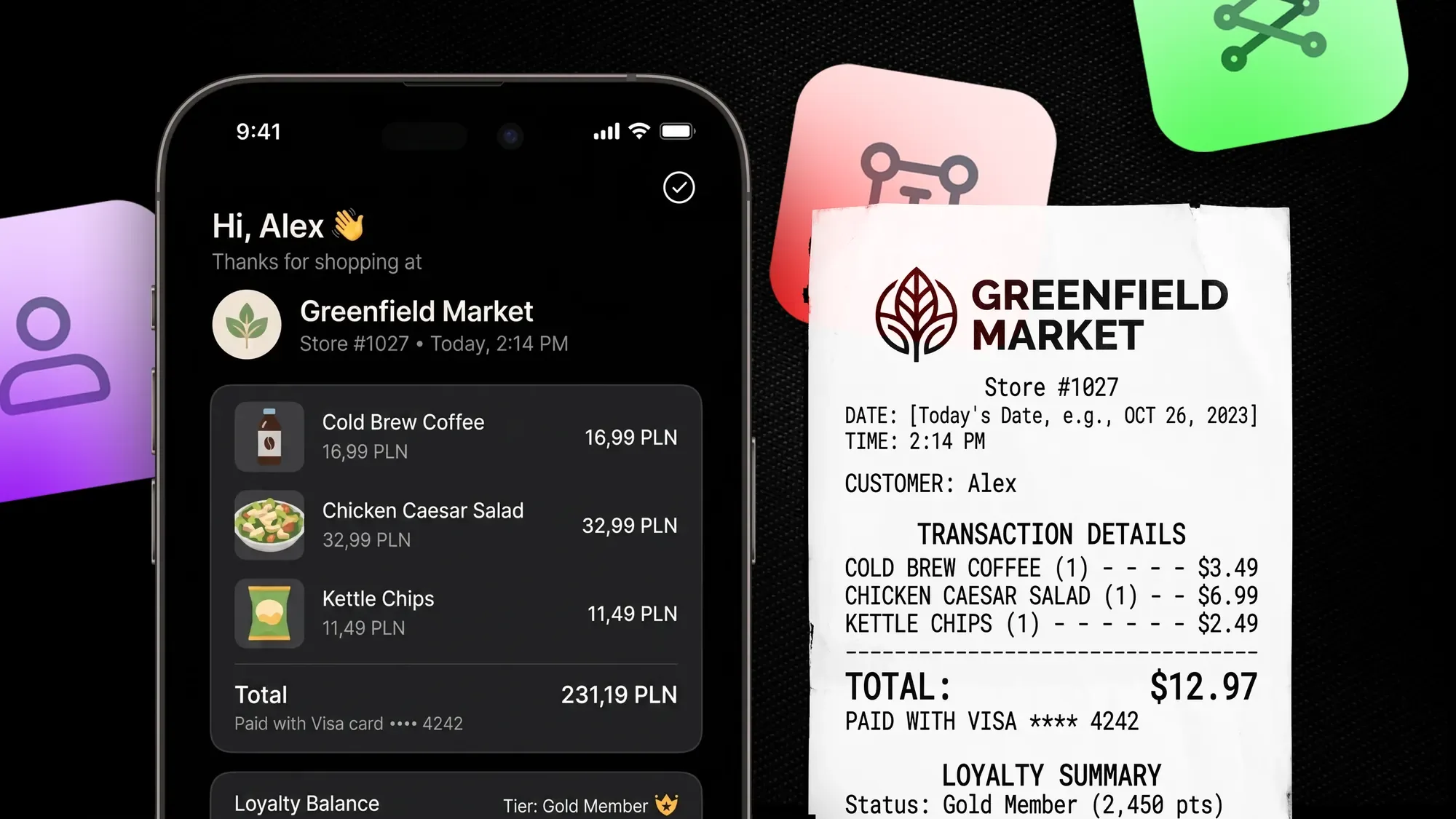 Einkauf bei Greenfield Market und Loyalty-Punktestand auf einem Smartphone neben einem Kassenbon