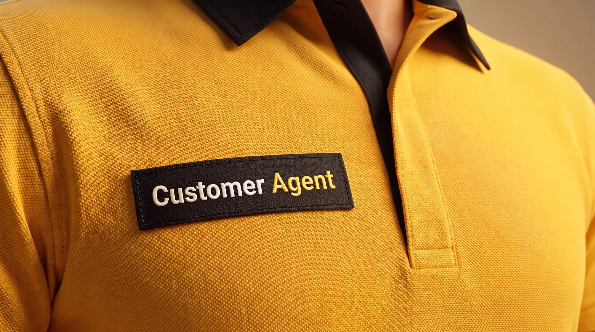 Nahaufnahme einer gelben Uniform mit einem Customer-Agent-Aufnäher