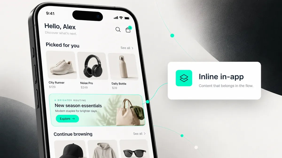 Startbildschirm eines Smartphones mit einem Inline-In-App-Banner „New season essentials“ zwischen den Produktzeilen „Picked for you“ und „Continue browsing“
