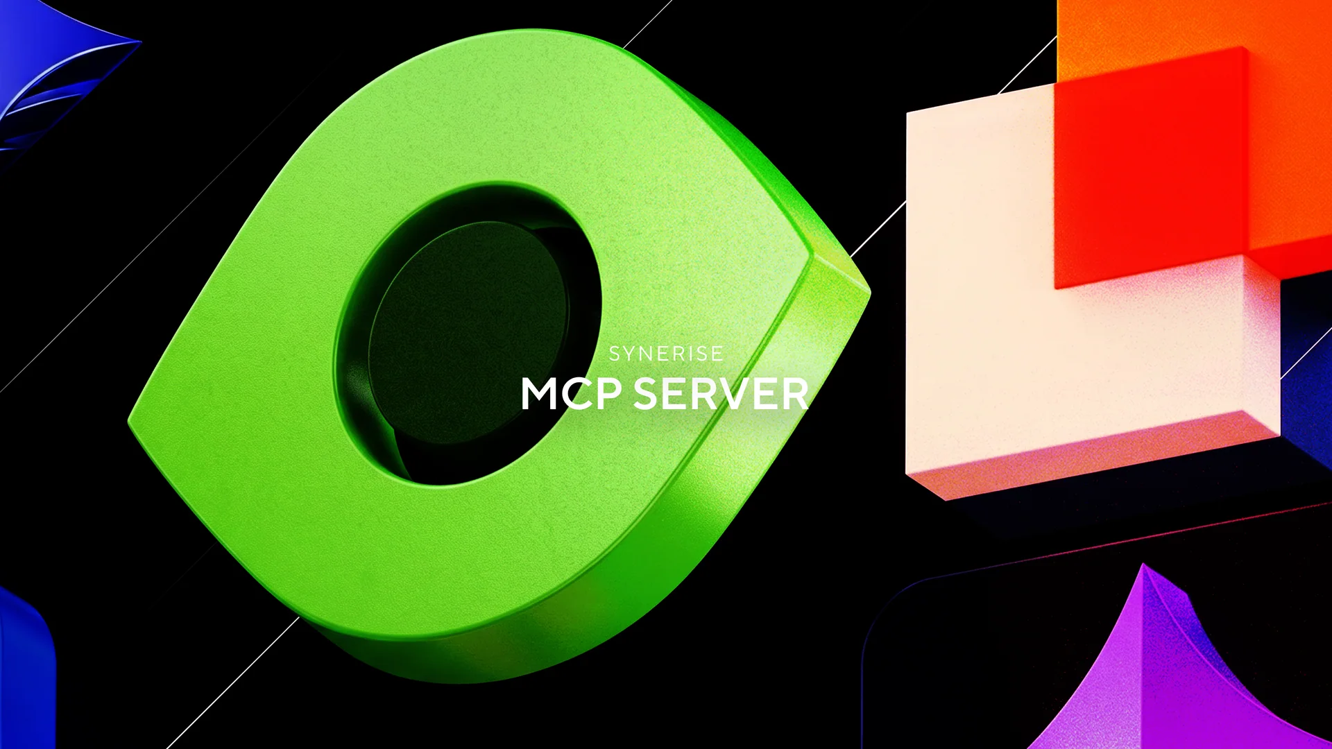 Bunte geometrische Formen um den Titel Synerise MCP Server auf schwarzem Hintergrund