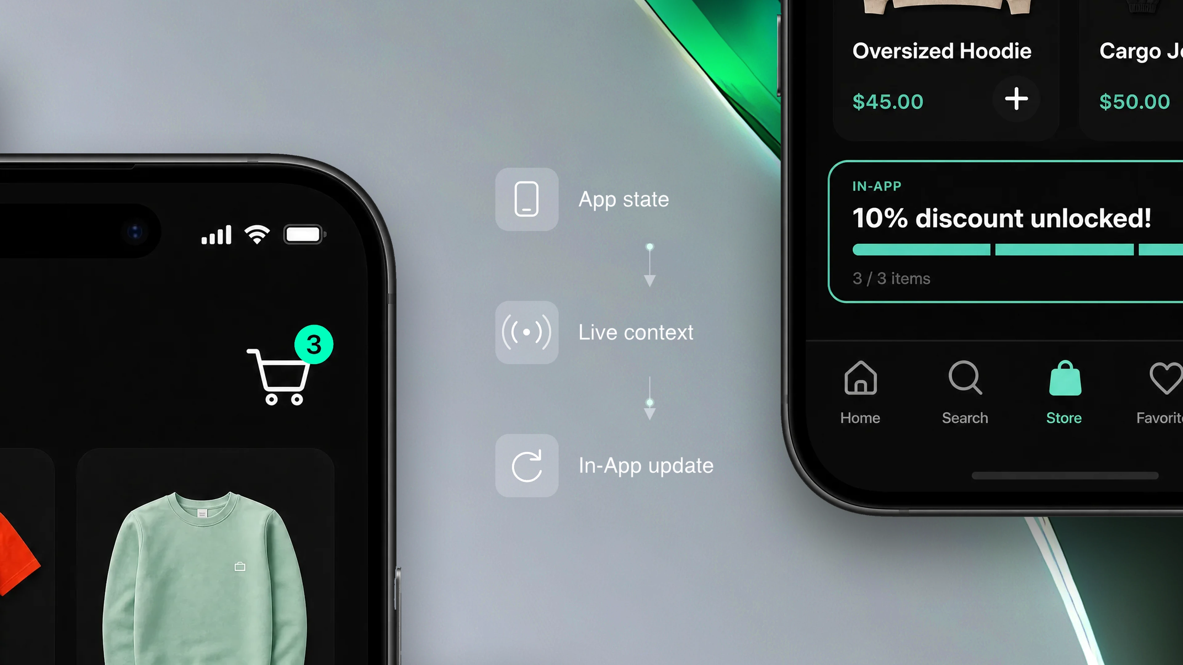 Mobiler Shop-Bildschirm und ein In-App-Rabatt, verbunden durch App-Status, Live-Kontext und In-App-Aktualisierung