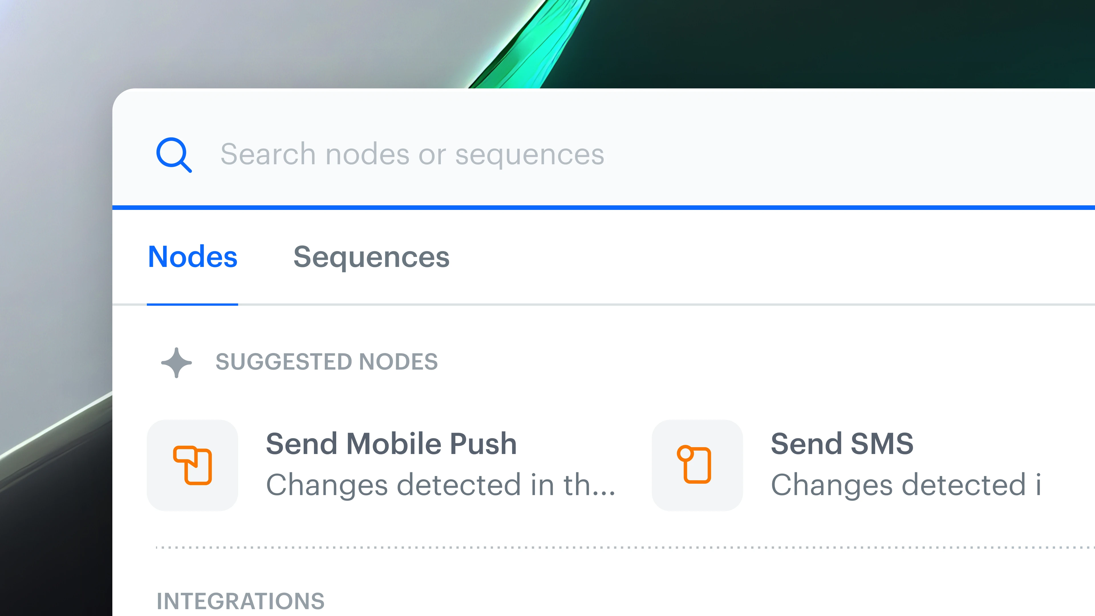 Node-Auswahl der Automatisierung mit den Tabs „Nodes“ und „Sequences“ und den vorgeschlagenen Nodes „Send Mobile Push“ und „Send SMS“