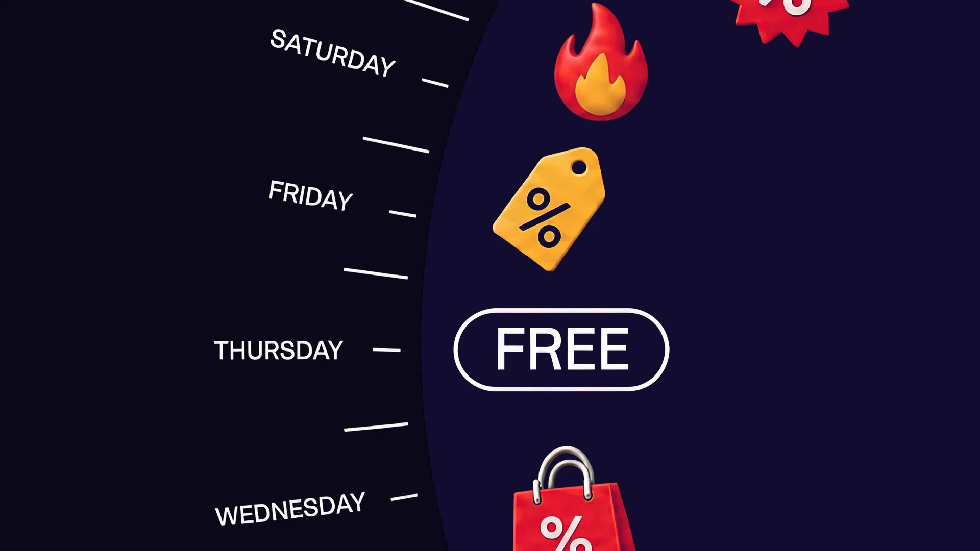Wöchentlicher Promotion-Zeitplan mit Rabatt-Tags, einer Flamme und einem Gratisangebot auf dunkelviolettem Hintergrund