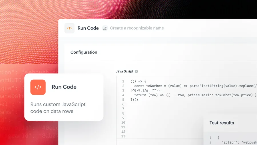 Run-Code-Node in einem Synerise-Workflow: ein JavaScript-Editor mit einem Transformationsskript und einem Panel mit Testergebnissen