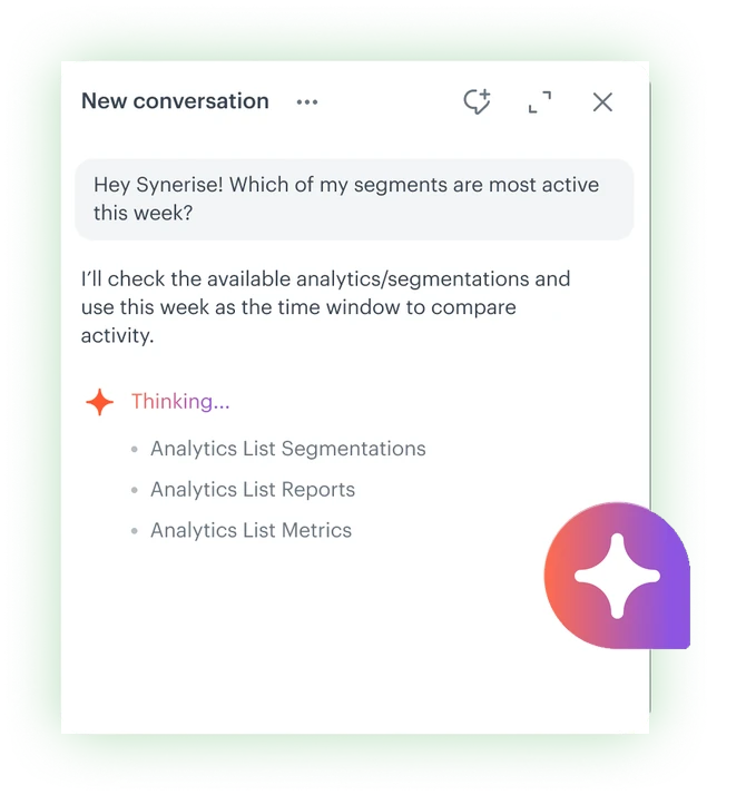 Chat mit dem Synerise System Agent: eine Frage nach den aktivsten Segmenten dieser Woche und der Agent listet die Analysen auf, die er prüfen wird