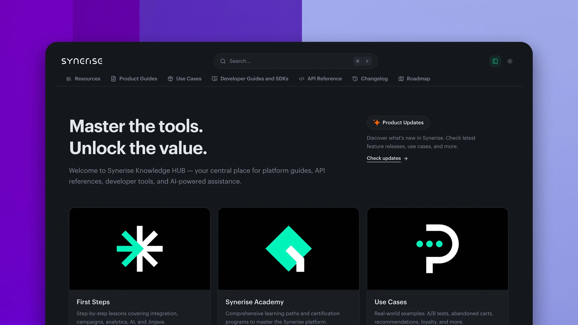 Startseite des Synerise Knowledge Hub mit einheitlicher Navigation, Suche, First Steps, Synerise Academy und Use Cases