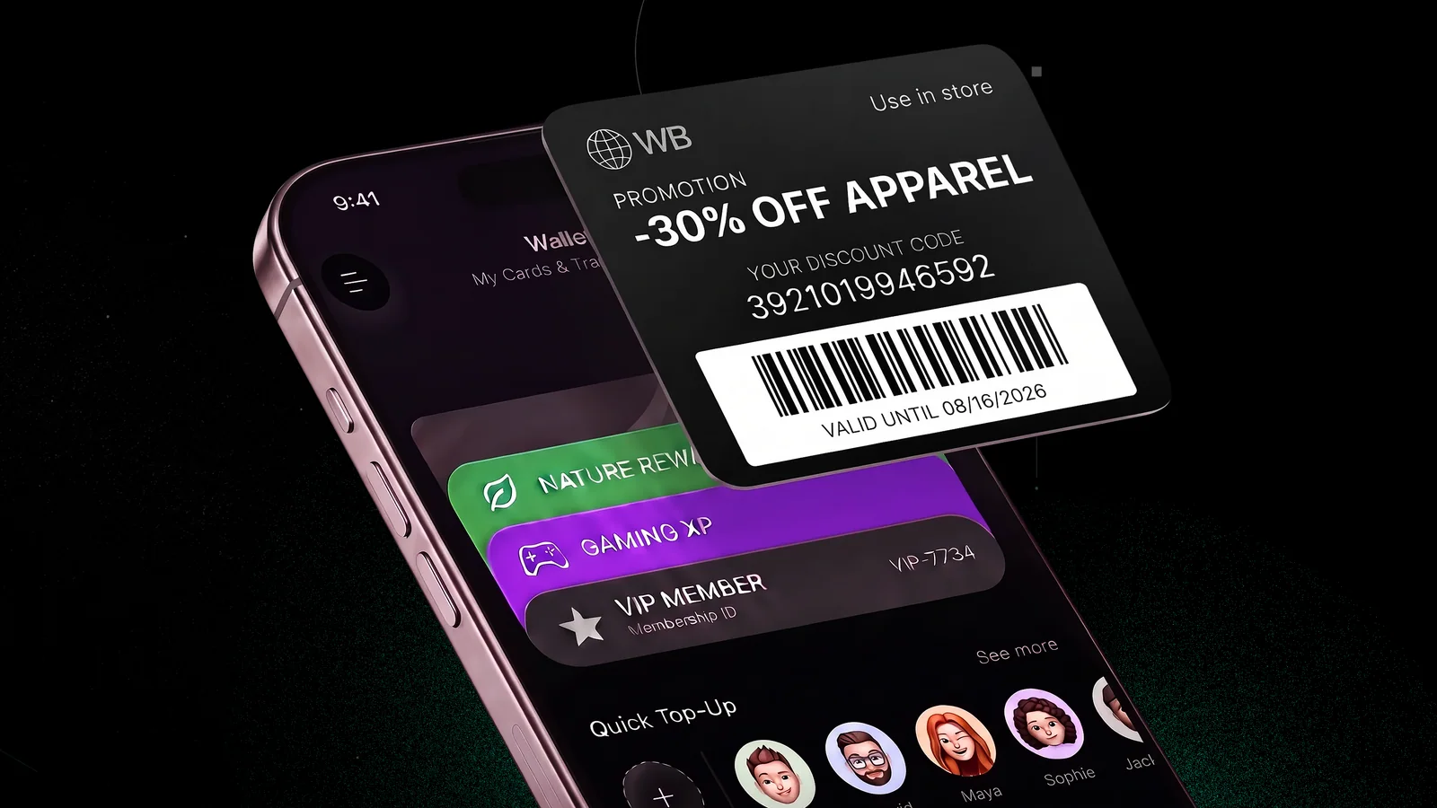 Wallet auf dem Smartphone mit bunten Karten hinter einem schwarzen Pass für eine Bekleidungs-Promotion mit 30 % Rabatt und einem Barcode