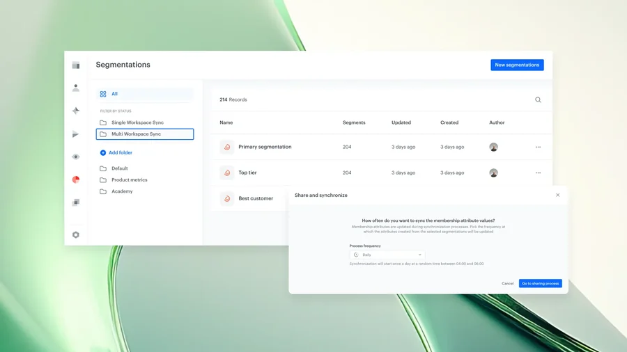 Segmentierungsliste in Synerise mit einem Ordner „Multi Workspace Sync“ und einem Dialog zum Teilen und Synchronisieren, der festlegt, wie oft die Werte des Zugehörigkeitsattributs synchronisiert werden